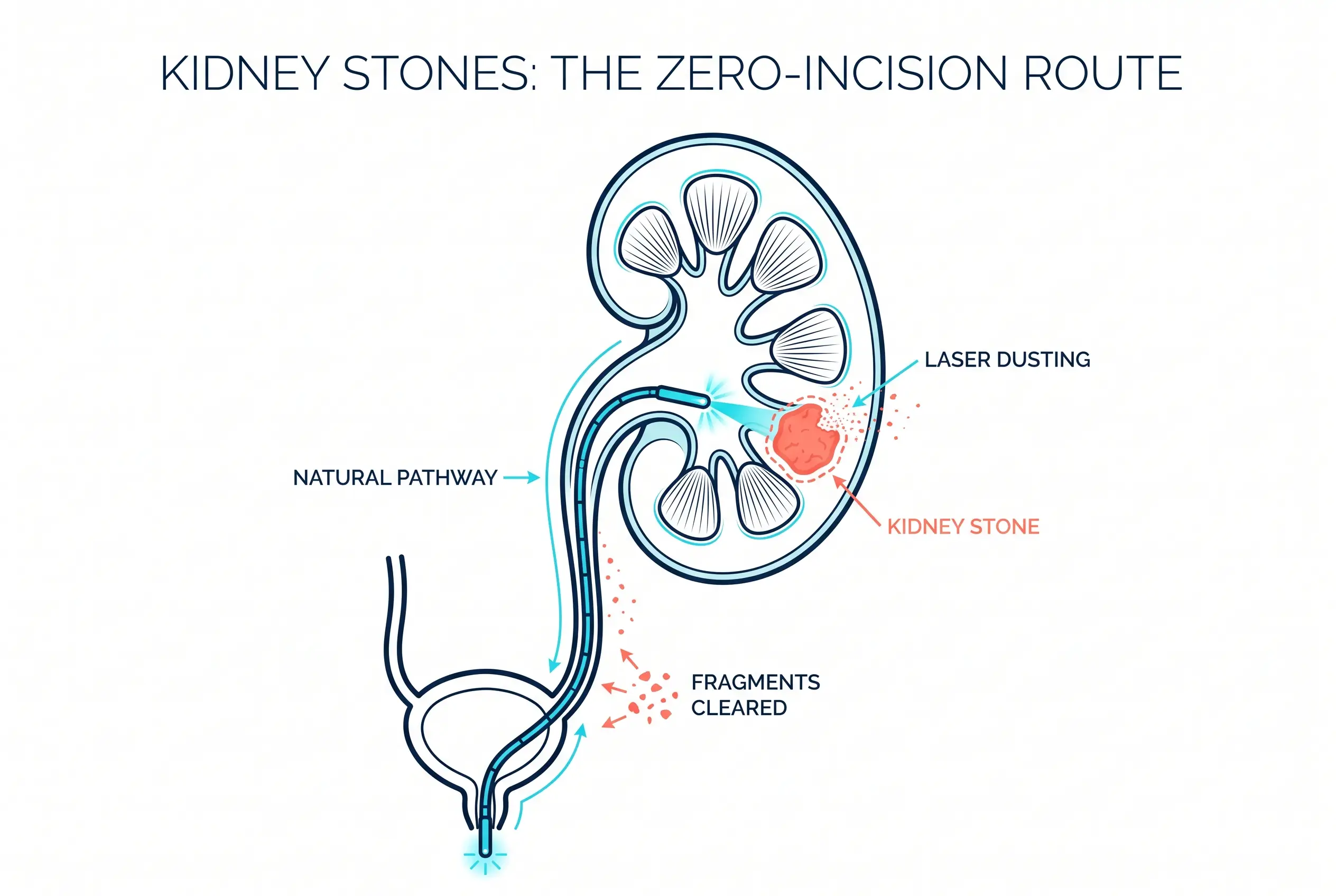 Medical diagram of retrograde intrarenal surgery: a flexible ureteroscope travelling through natural pathways to dust a kidney stone with laser energy