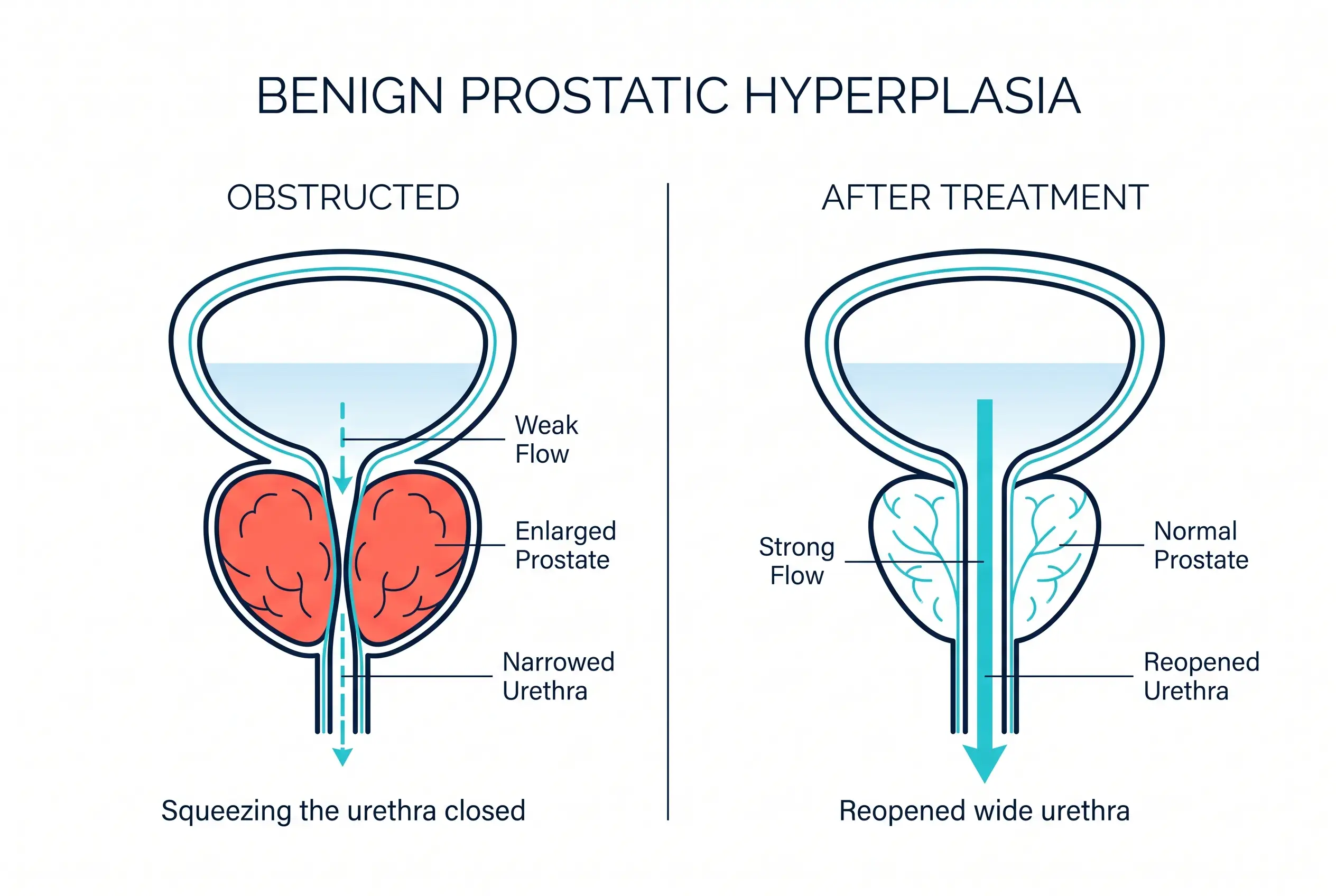 Medical diagram comparing an obstructed urethra squeezed by an enlarged prostate with a reopened urethra after treatment