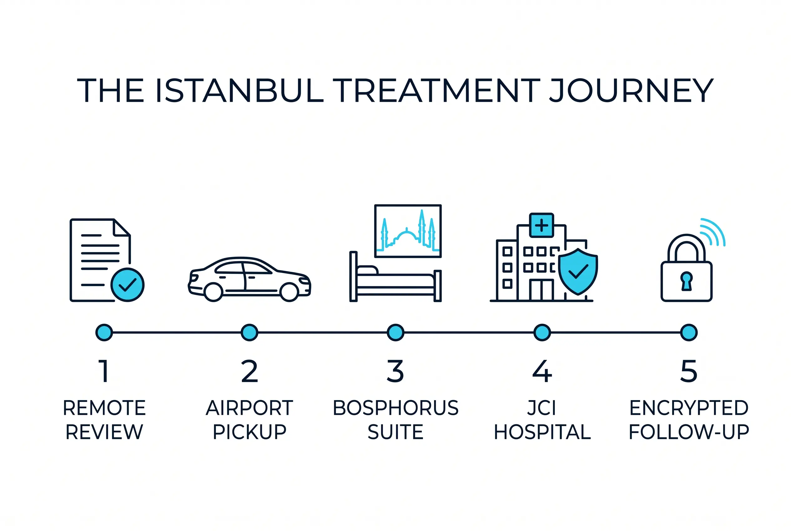 Diagram of the Istanbul treatment journey timeline: remote review, airport pickup, Bosphorus suite, JCI hospital and encrypted follow-up